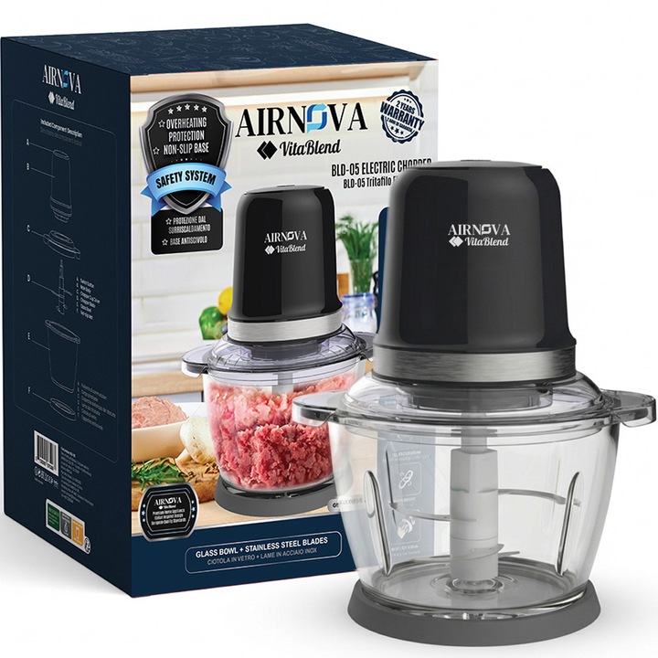 Chopper electric AIRNOVA® BLD-05 – Tocator multifunctional cu bol din sticla, 1.2L, 500W