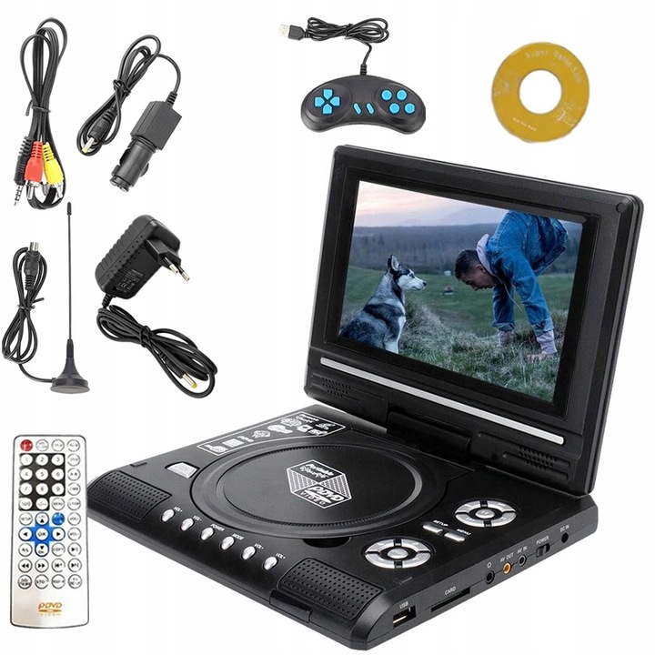 Odtvarator DVD portabil auto, 7,8 inch, negru, set complet cu telecomanda si cablu AV