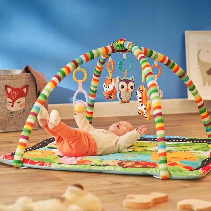 Centru de activitati, MATA SENSORYCZNA EDUKACYJNA DLA NIEMOWLAT, cu palak si jucarii, multicolor