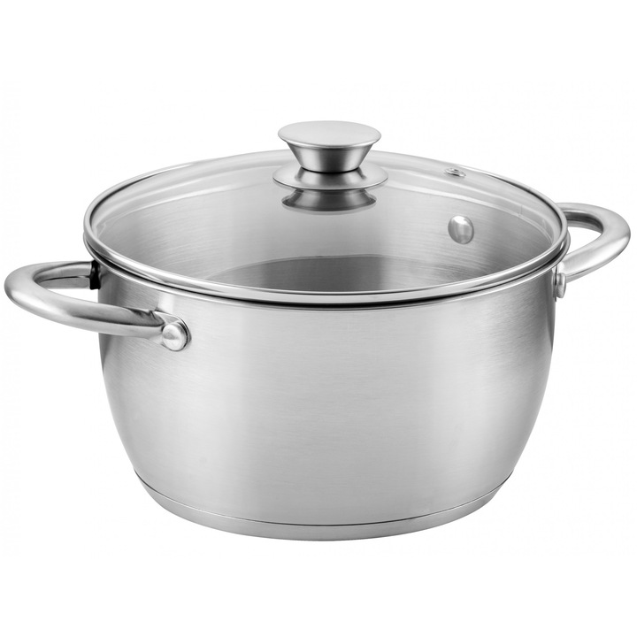 Oala din otel inoxidabil Florina Henry 6L, 24cm, cu capac din sticla, pentru inductie si gaz