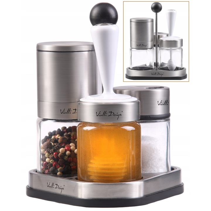 Set dozatoare condimente si miere, Vialli Design, sticla, lemn, 70ml, 140ml
