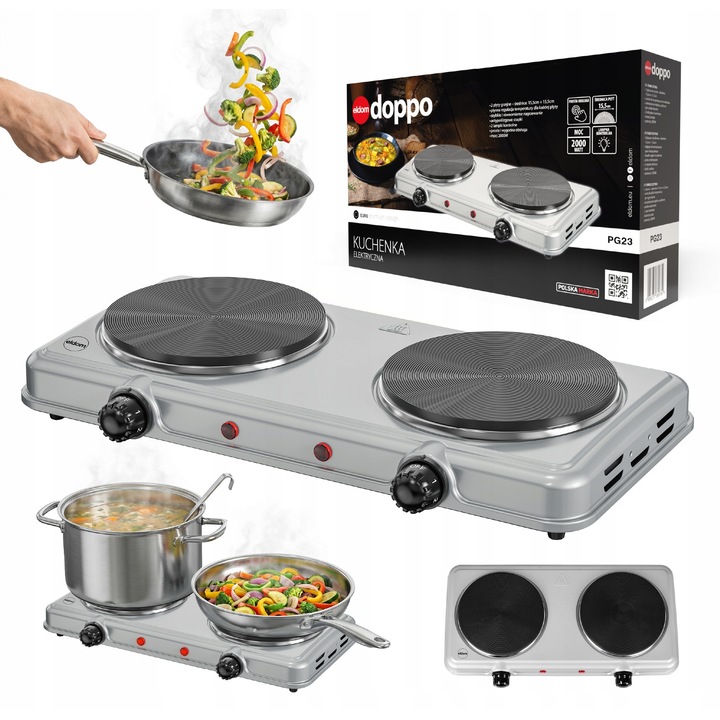 Kuchenka electrica, Eldom PG23, 2 plite, 2000W, argintie, 43,3x21,2x4,4cm, set cu instructiuni