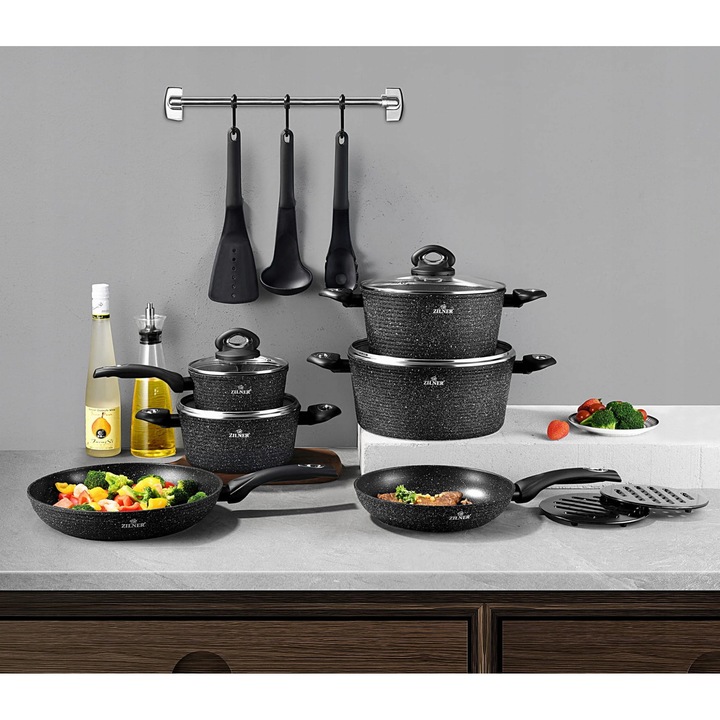 Set 15 piese oale si tigai ZILNER, acoperire marmura, negru, aluminiu, pentru toate tipurile de plite