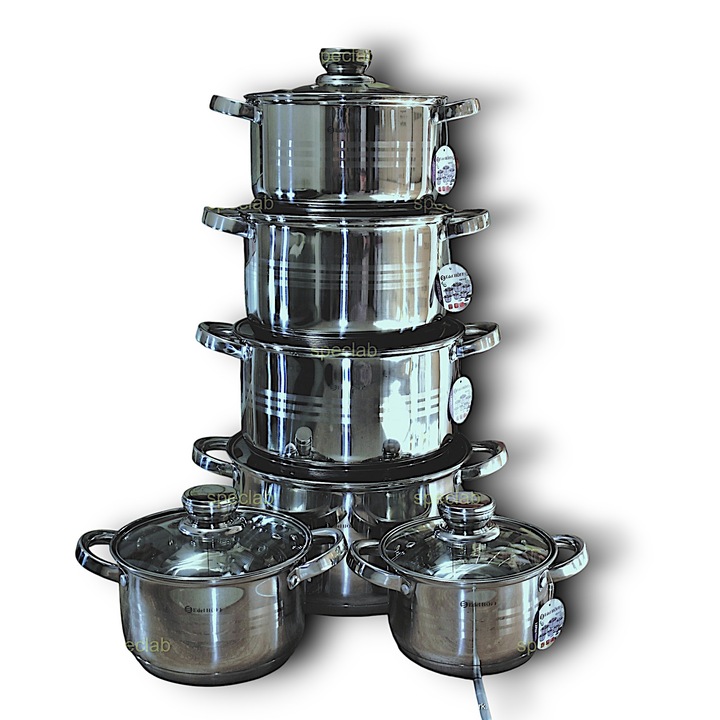 Set oale Edelhoff, inox 18/10, 12 elemente, 2.1L-8.0L, cu capac din sticla, dimensiuni variate