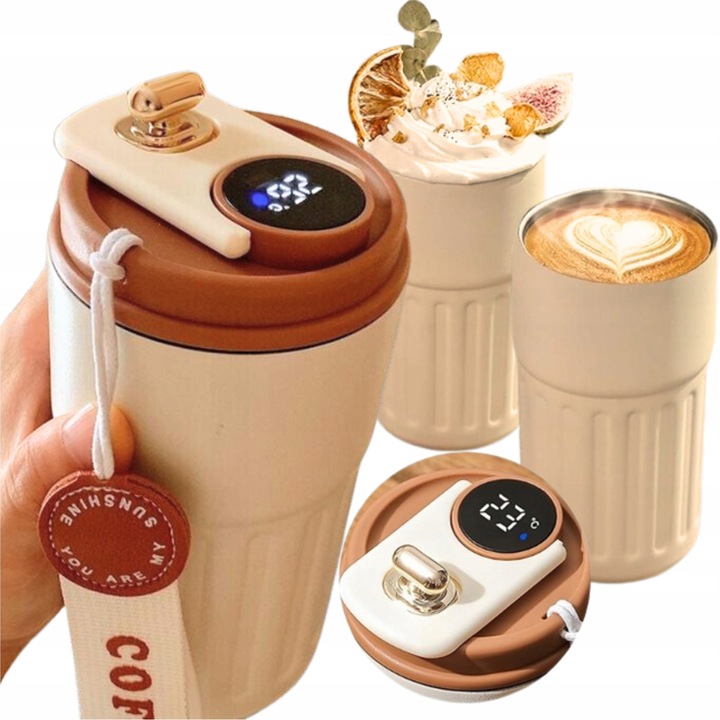 Cana termica cu display LED, 450ml, design modern, bej, set