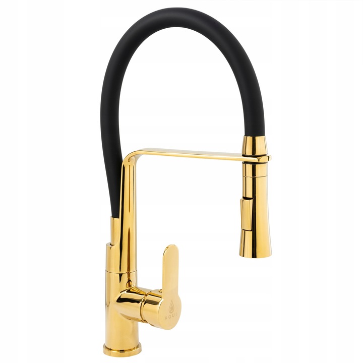 AQUI konyhai csaptelep, arany-fekete, rugalmas kifolyó 60cm, közvetlen szerelés, 50cm magasság