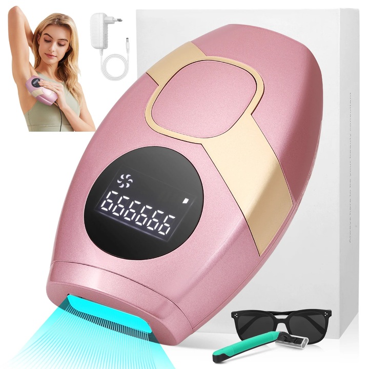 Aparat epilare IPL, Epilator laser, 5 Trepte de energie, Mod manual si automat, Fara durere, Reincarcabil, Pentru axila, Roz