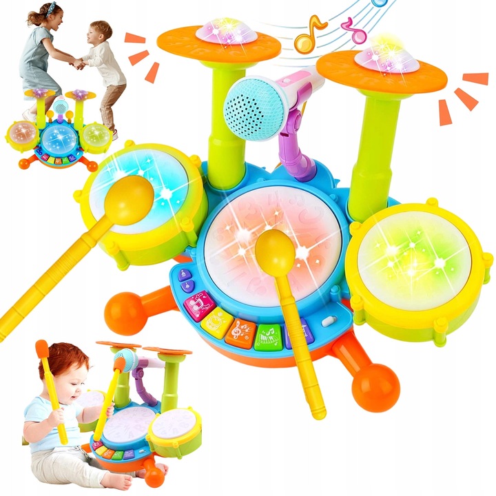 Set percutie pentru copii cu microfon si talere, multicolor, 4 instrumente active