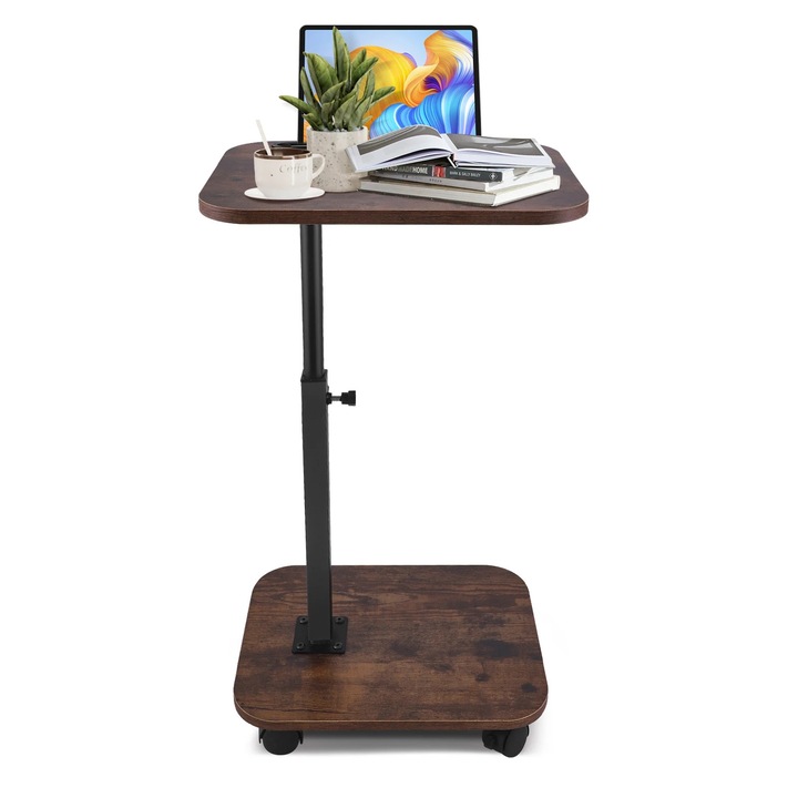 Masa laterala, In forma de C, Reglabila pe inaltime, Blat inclinabil 320°, Rotire 360°, Masuta de cafea mica, Maro ciocolatiu