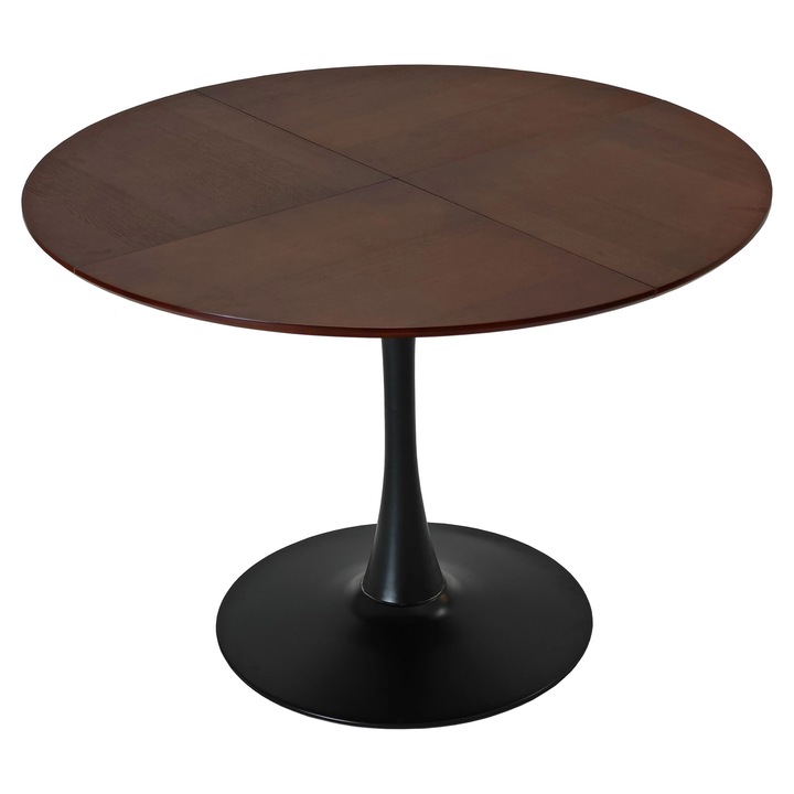 Masa rotunda de dining 120 cm, moderna, blat patchwork in 4 piese aspect stejar cu fibra lemnoasa, baza metalica, stil minimalist, maro