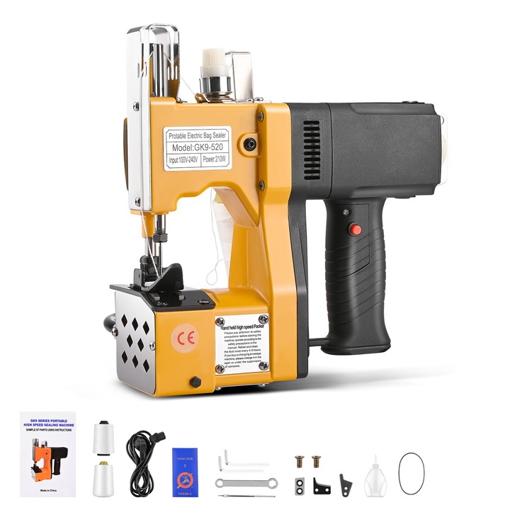 Masina de cusut pentru inchiderea sacilor GK9-520, industriala portabila de mana, cusatura overlock, 190 W, pentru saci tesuti, Galben