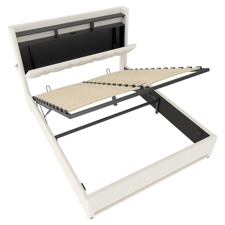 Cadru de pat tapitat din catifea, Pat 160×200 cm, tablie rabatabila cu iluminare LED, spatiu de depozitare dedesubt, porturi USB, alb