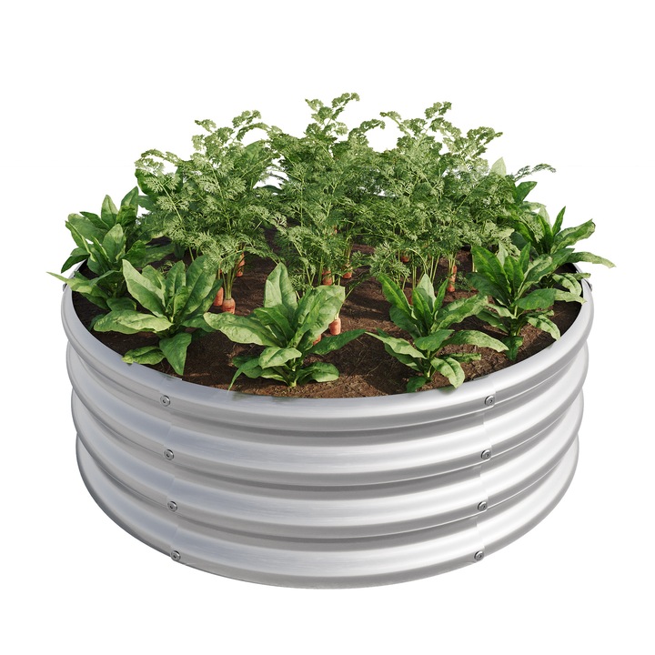 Strat inaltat de gradina, Jardiniera din otel galvanizat, Rotund, Pentru exterior, Pentru legume, fructe, flori, Rezistent la rugina
