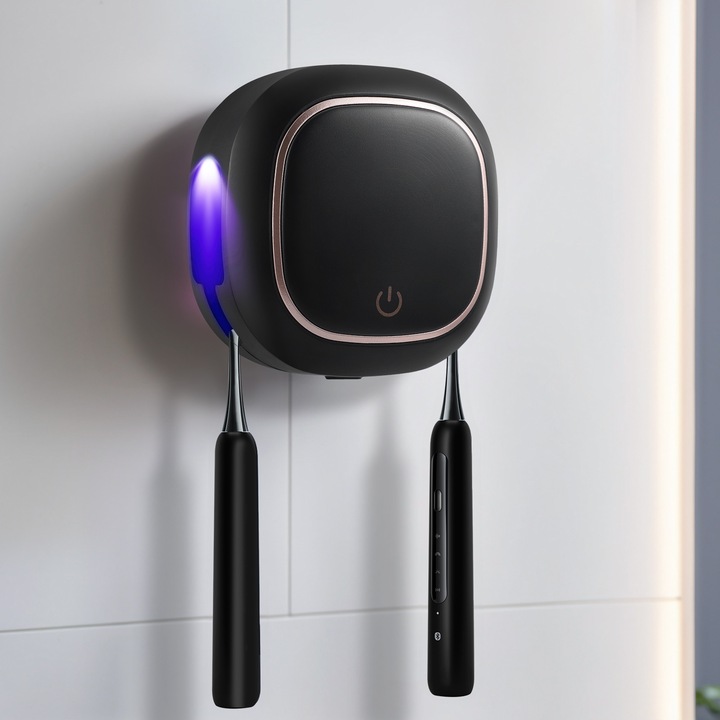 Sterilizator pentru periute de dinti, model USB, lampa dubla 99, 99%, uscare cu aer cald 60 °C, dezinfectare 10 min, ABS, negru