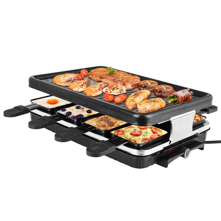 Gratar electric raclette si BBQ de masa, pentru 3–5 persoane, placa antiaderenta detasabila, control temperatura, 1300 W, stecher UE, rosu