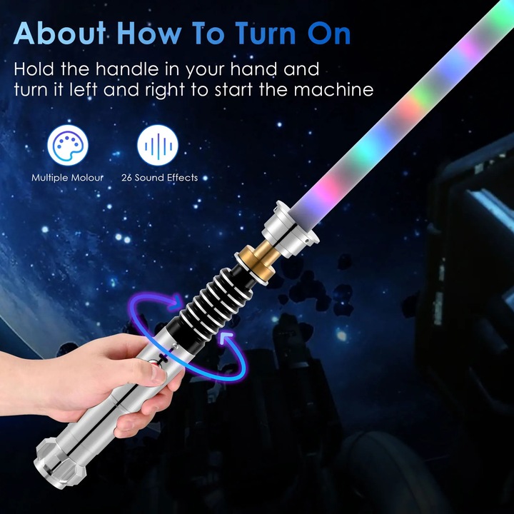 Sabie laser de jucarie, Lightsaber Luke, Maner metalic, RGB schimbare culori, Lumina intermitenta, Baterie tip pastila, 14+ ani, Alb