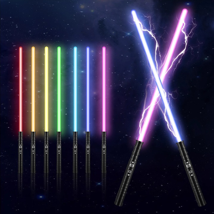 RGB FX Sabie Laser, Lightsaber, 7 Culori, Maner Metalic, Conectabila, Efect de Clipire, Baterie cu Litiu, 14+, Negru
