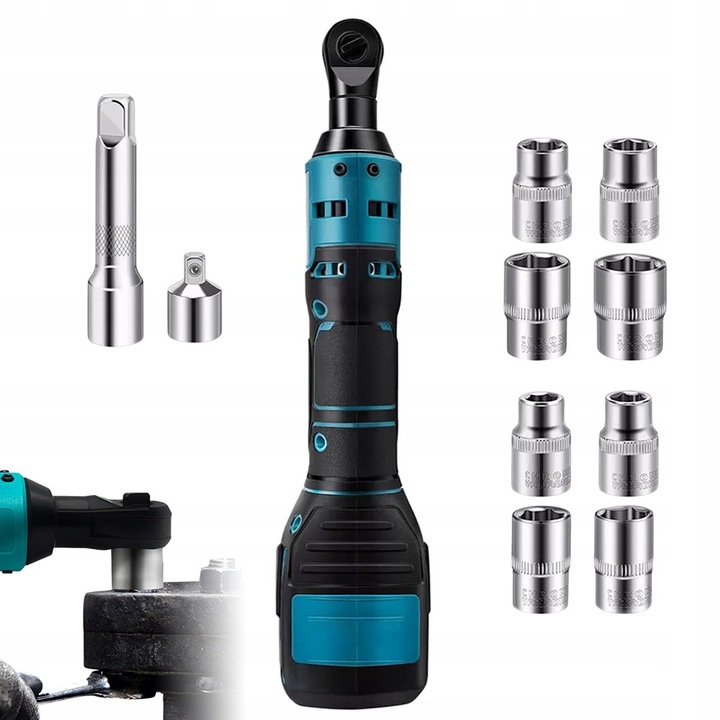 Cheie electrica cu ratchet 220 rpm 55 Nm 3/8" set 8 capete, albastru si negru