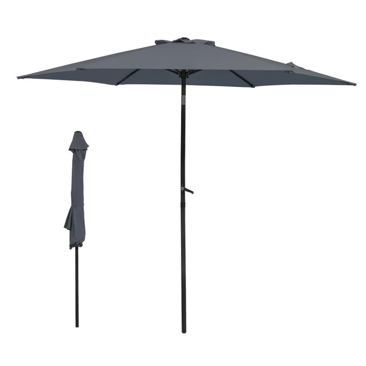 Umbrela de soare, Parasolar, Pliabila, Model de calatorie, 270 cm, Pentru balcon, gradina si plaja, Fara baza, Gri inchis