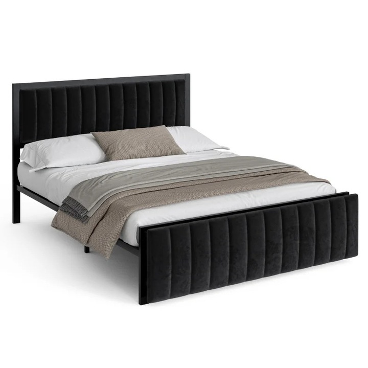 Pat dublu, Pat tapitat, 160×200 cm, Husa textila, Stil modern, Fara spatiu de depozitare, Asamblare proprie, Negru