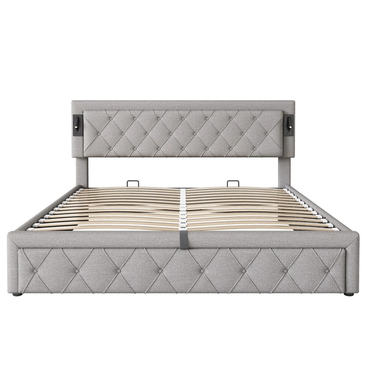 Pat tapitat, Pat dublu 160×200 cm, Iluminare LED, Porturi USB si USB-C, Depozitare hidraulica, Tapiterie textila, Gri deschis