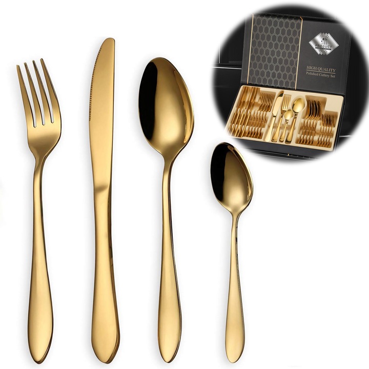 Set de tacamuri din otel inoxidabil, 24 piese, aurii, 6 cutite, 6 furculite, 6 linguri, 6 lingurite