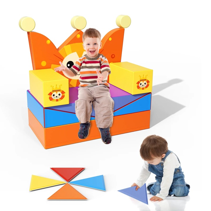 Set cuburi soft play pentru copii, loc de joaca interior cu catarare si tobogan, spuma latex, 3+ ani, blocuri modulare, portocaliu