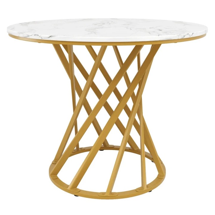 Masa de cafea rotunda, Masa de living, Blat MDF cu efect de marmura, 80 x 80 x 76 cm, Pentru 4 persoane, Alb