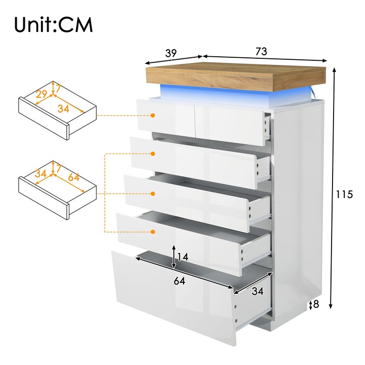 Comoda, Dulap de depozitare, 6 sertare, Iluminare LED cu control prin aplicatie, 115 x 73 x 39 cm, PAL, Stil minimalist modern, Alb