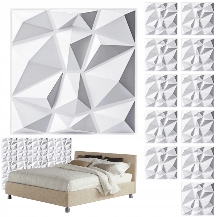 Dekoratív lapok, Kase árnyalatok, 3D, fehér, 12 db-os készlet, 50x50cm