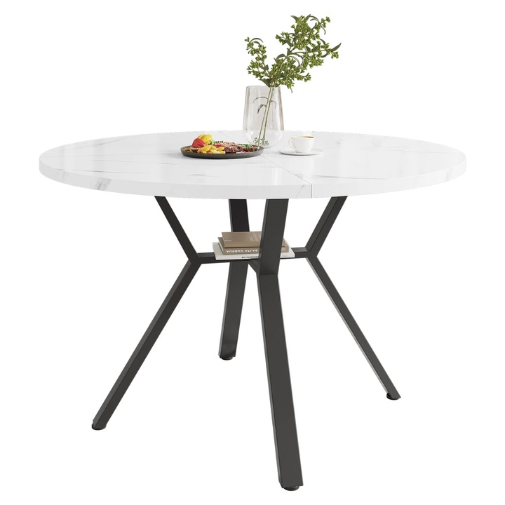 Masa din marmura, Masa de dining rotunda, Diametru 100 cm, Stil scandinav, Cadru metalic, Pentru 4 persoane, Necesita asamblare, Alb