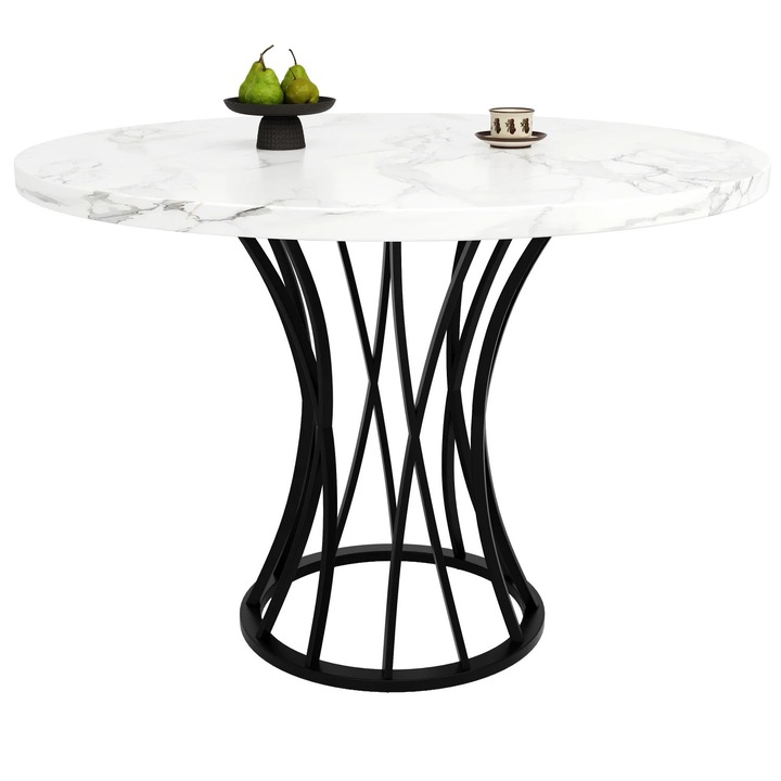 Masa rotunda de dining, Masa de sufragerie, 80x80x76 cm, Blat MDF cu efect de marmura, Pentru 4–6 persoane, Stil modern, Necesita asamblare, Negru