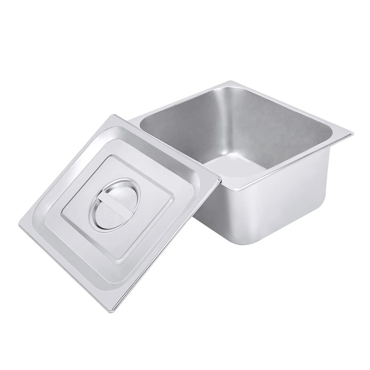 Комплект от 4 тави от неръждаема стомана, Gastronorm GN 1/2, С капаци, Размери 32,5×26,5×15 см, Дълбочина 15 см, За бюфет, кетъринг, ресторант, Сребрист