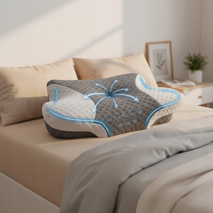 Perna ortopedica pentru gat, 60x35,5x10cm, alb, cu spuma memory, doua optiuni de inaltime