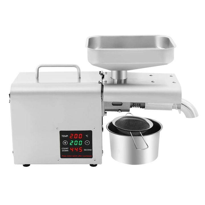 Masina de presat ulei, Electrica, Presare la rece si la cald, Otel inoxidabil, Temperatura 50–250°C, Stecher EU, Argintiu