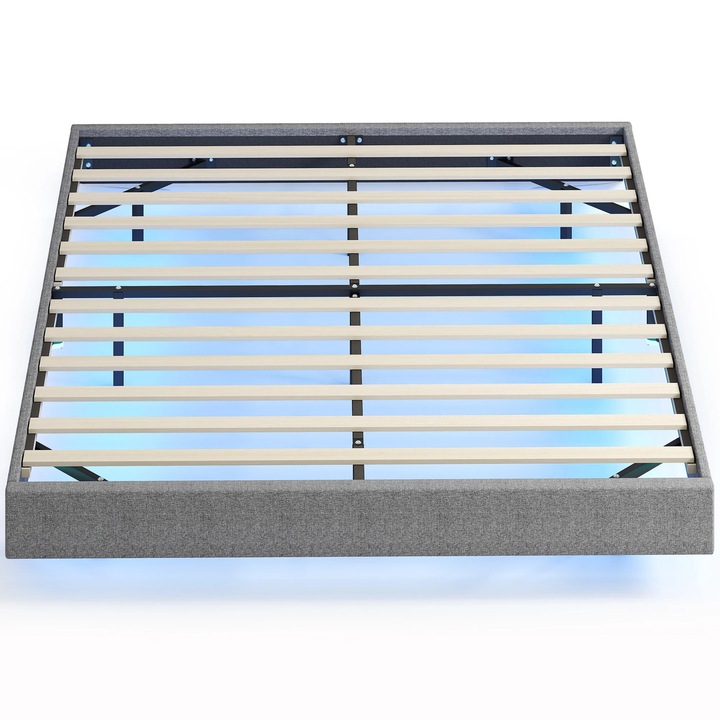 Cadru de pat, Cadru tapitat, 140x190 cm, Iluminare LED, Tapiterie din in, Lamele din lemn, Usor de asamblat, Gri inchis