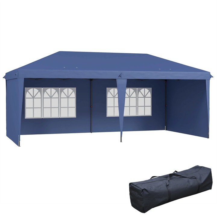 Pavilion pliabil pop-up, Foisor de gradina, Montaj rapid, Dimensiune 6 x 3 m, Pereti laterali detasabili (4 buc), Ferestre (2), Geanta de transport, Material Oxford, Albastru