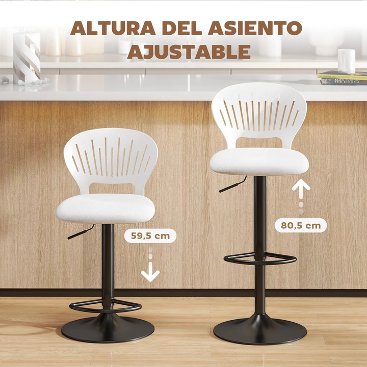 Set de 2 scaune de bar, Scaun de bar, Rotire 360°, Reglabil pe inaltime 84–105 cm, Spatar deschis, Suport pentru picioare, Pentru bucatarie/tejghea, Gri