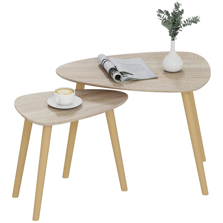 Set 2 mese de cafea, masute laterale suprapuse, design modern, picioare din lemn de pin, pentru living/dormitor, negru