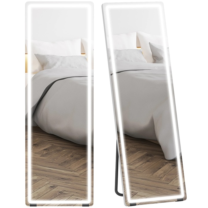 Oglinda pentru corp intreg, Oglinda de podea, 150 x 50 cm, Iluminare LED, Fara rama, 3 temperaturi de culoare, Luminozitate reglabila, Argintiu
