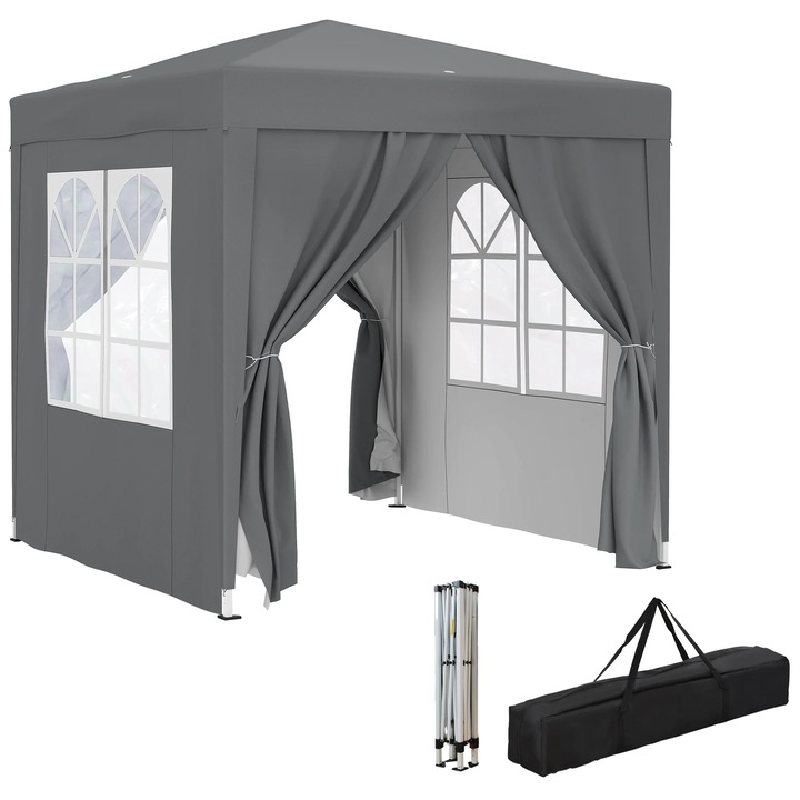 Foisor pliabil, Pop-up pavilion, 2x2 m, 4 laterale, 2 ferestre, Cadru din otel, Tesatura Oxford cu strat PU, Protectie UV, impermeabil, geanta de transport, Gri deschis