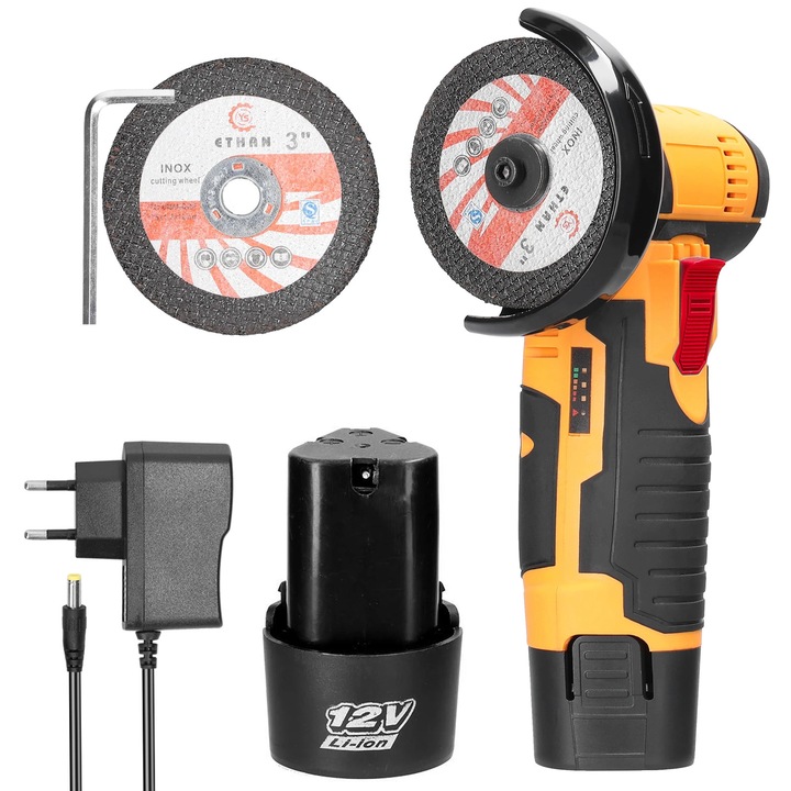 Polizor unghiular mini, Polizor unghiular, Cu acumulator 12 V, Turatie 19500 rotatii/min, Cu 2 baterii, Incarcator EU, Portocaliu