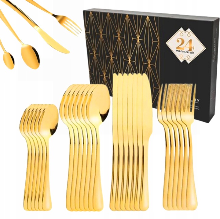 Set tacamuri aurii 24 piese pentru 6 persoane, inox elegant, linguri furculite cutite lingurite, set premium masa si cadou