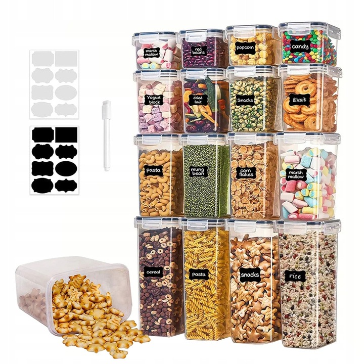 Set 16 cutii alimentare transparente cu capacitate variata, pentru faina, zahar, orez, fasole, dimensiuni diferite