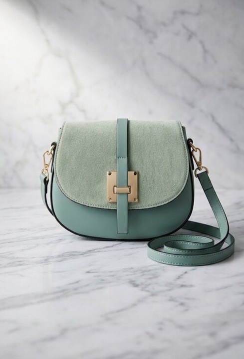 Poseta dama verde deschis din piele cu clapeta din piele intoarsa