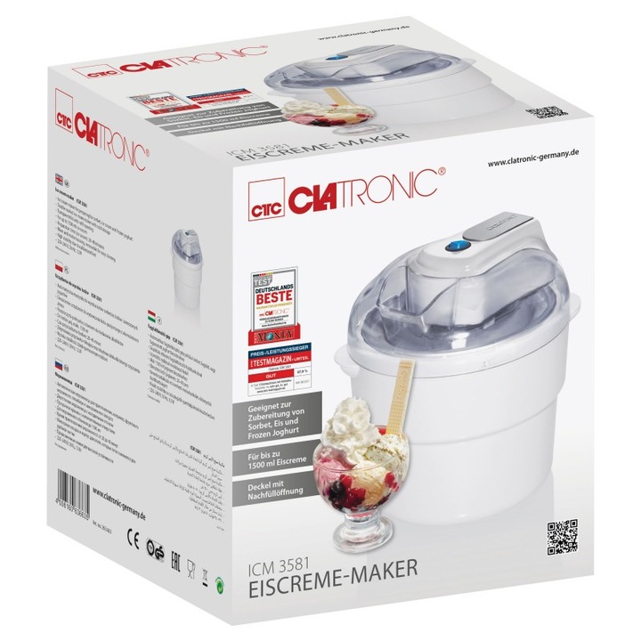 Masina de facut inghetata Clatronic ICM3581, alb, 1.5l, 12W, set complet