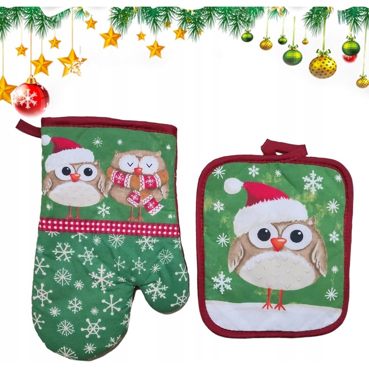 Set manusi de bucatarie, 2 bucati, multicolor, motiv sarbatori, rezistente la temperaturi ridicate