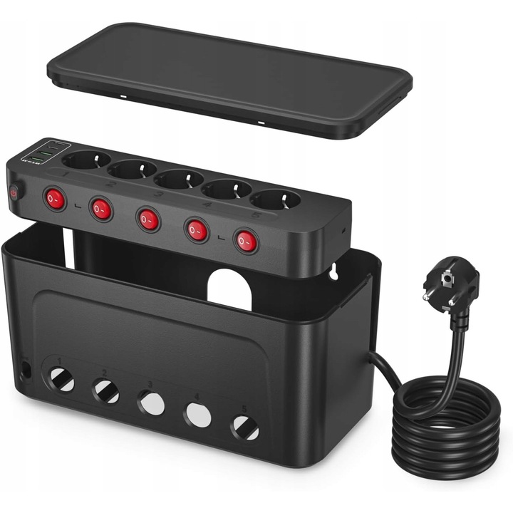 Разклонител с органайзер за кабели, 5 контакта, 2 USB-A + 2 USB-C, 1,5 м, черен