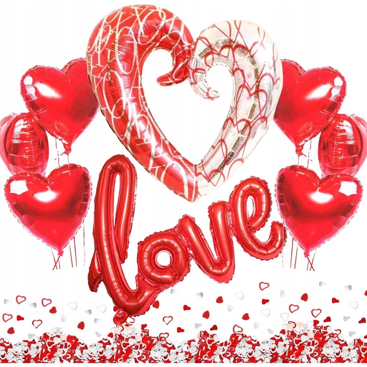 Комплект балони XXL LOVE, бяло-червено, 8 броя, с конфети във формата на сърце