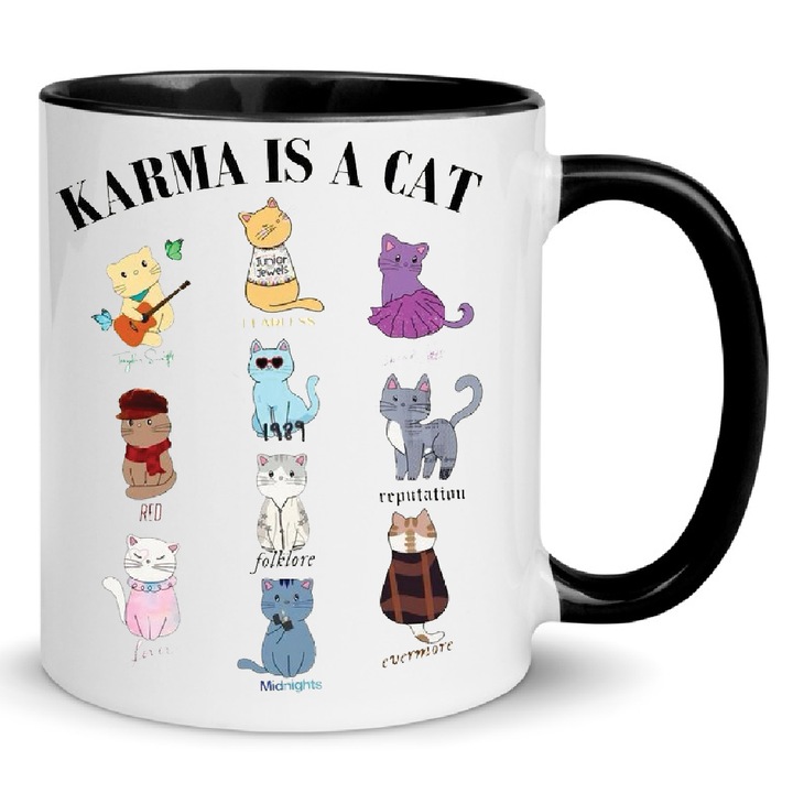 Cana ceramica 330ml "Karma is a Cat", alb cu accent negru, design modern, pentru fani Taemin